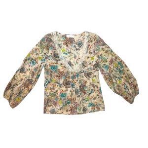 Belair Floral Elastic Sleeve Cuff Lace Trim Shirt Deep V Neckline Boho Peasant